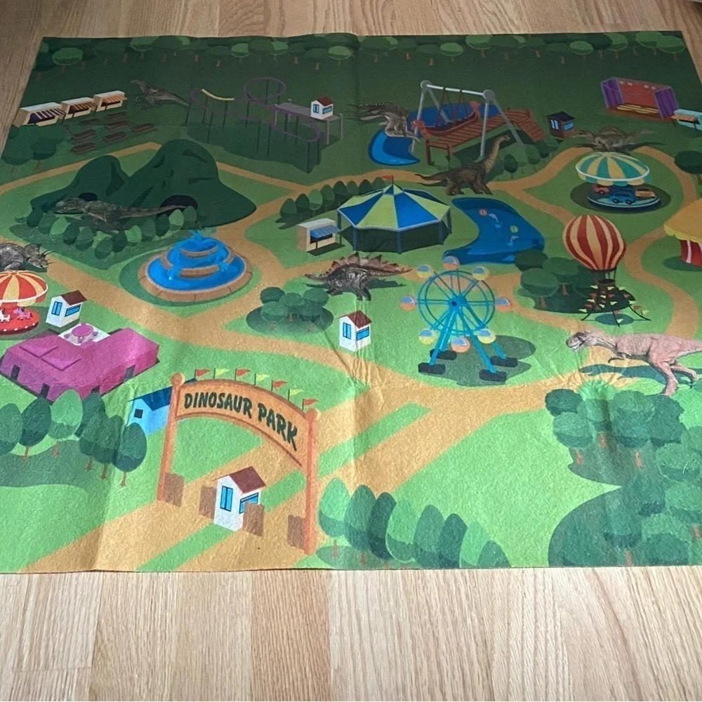 Colorful Play Mat with Amusement Park Design Dinosaur Park Truck Driving Large